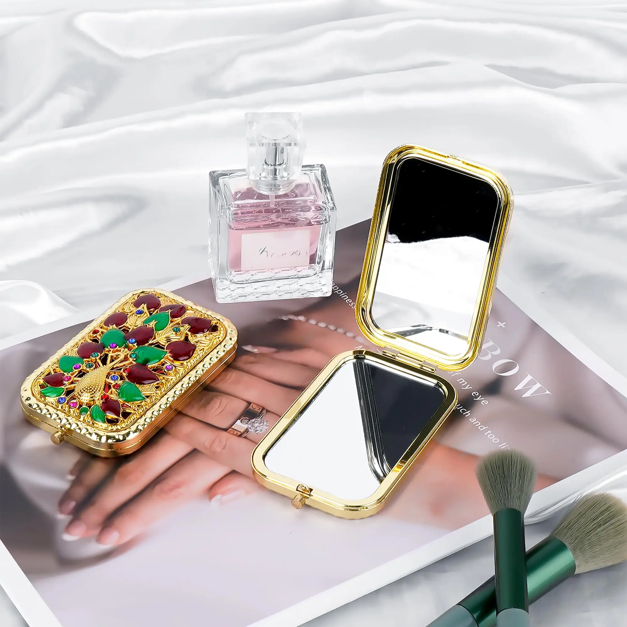 مرآة جيب عتيقة بتصميم طاووس ذهبي، مرآة مكياج مستطيلة مزدوجة الجوانب، مرآة تزيين، أداة تجميل للشرب #6