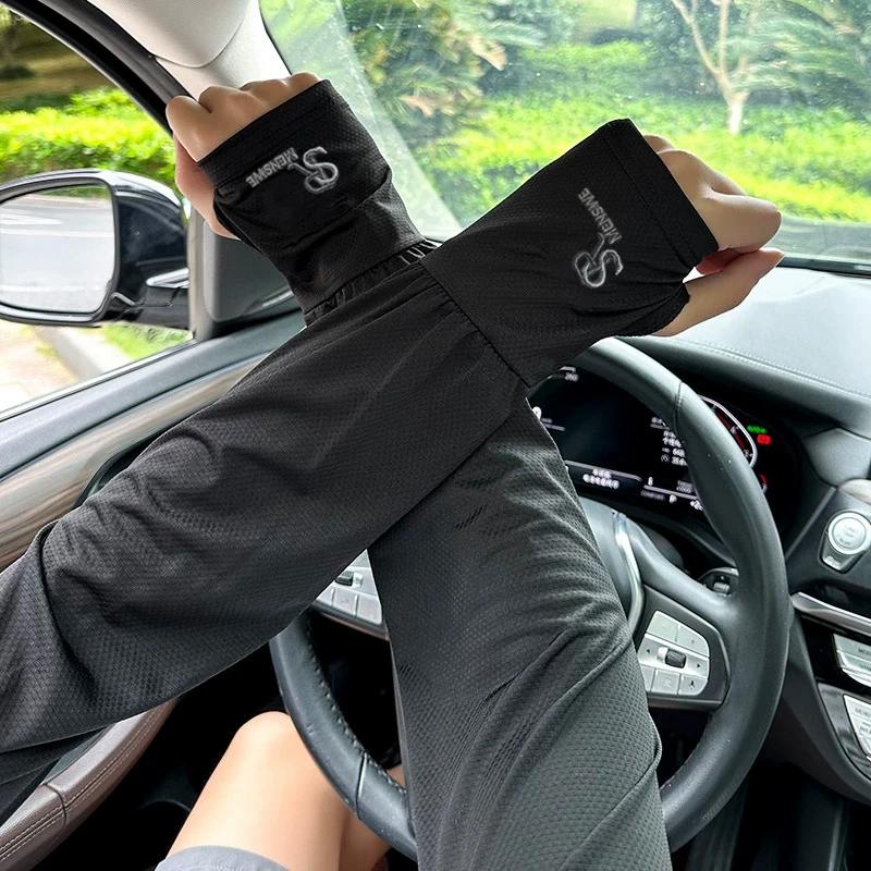 Mangas de hielo con protección solar para verano, protección UV Unisex, mangas de brazo bordadas a la moda para conducir al aire libre con orificio para el pulgar