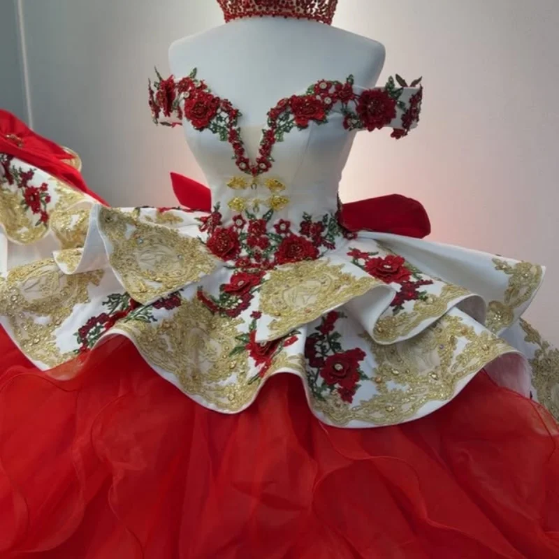 

Red Quinceanera Dresses off-shoulder Glitter Crystal 3D Flower Decal Long tail Lace layering Vestido De 15 Quinceanera Customize