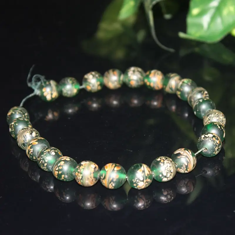 Imitation Of Ming Dynasty Period Antique Green-Tail Old Glass Round Bead Bracelet