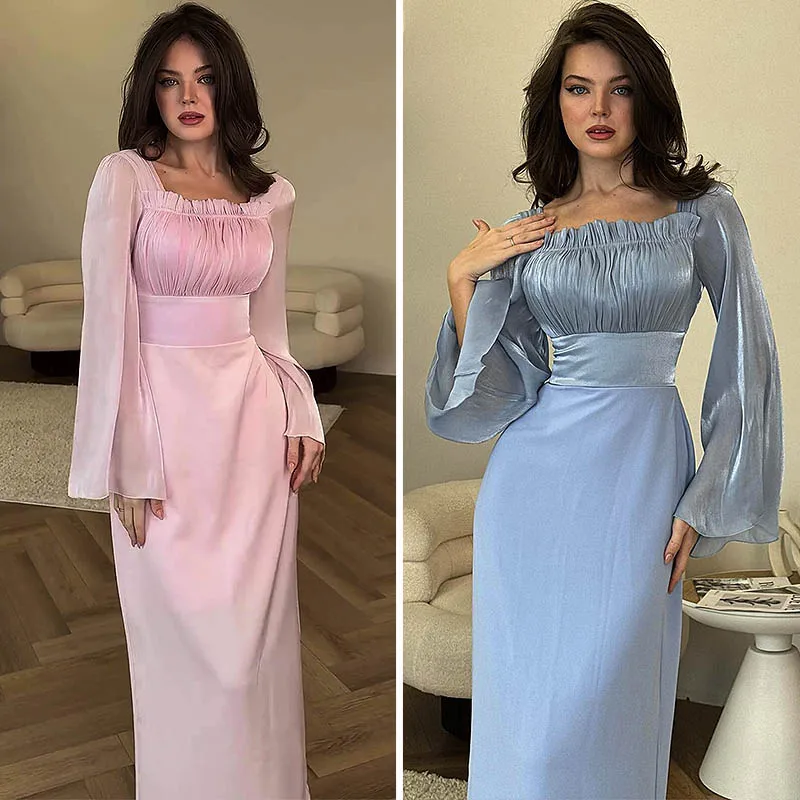 

Women Elegant Sexy Bodycon Prom Dress Pleated Flared Sleeve French Vintage Strap Robe Korean Female Formal Evening Dress