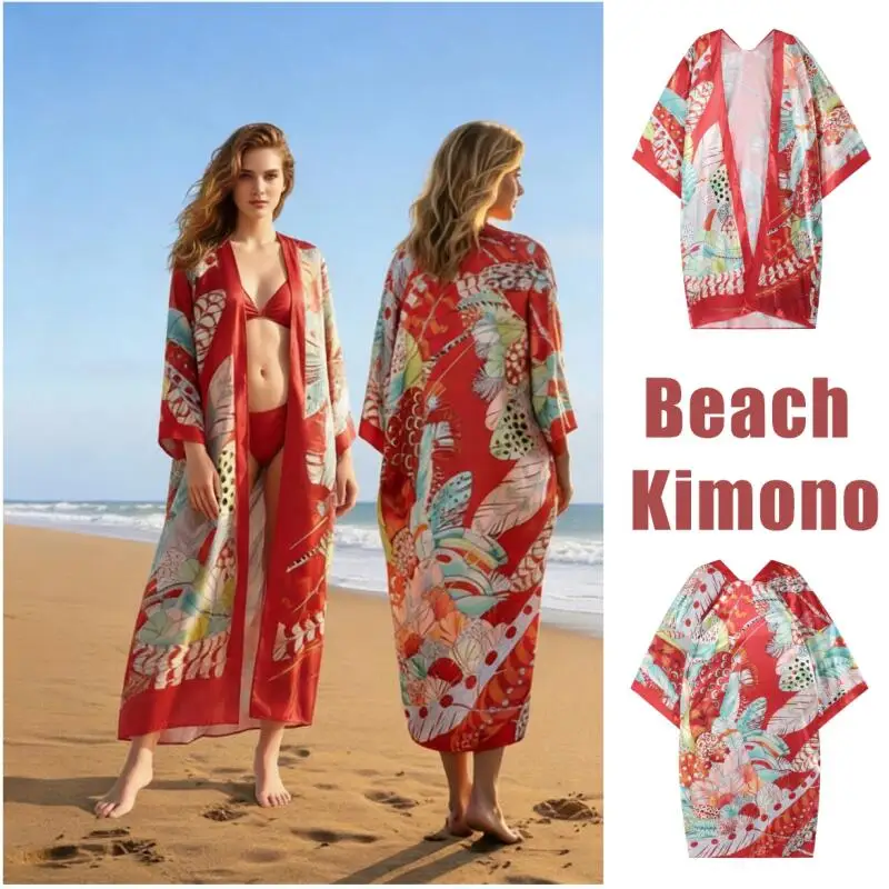 

Women Bohemian Satin Kimono Robe with Vibrant Feather Floral Print Long Open Front Red Cardigan for Beach Vacation Pool Party
