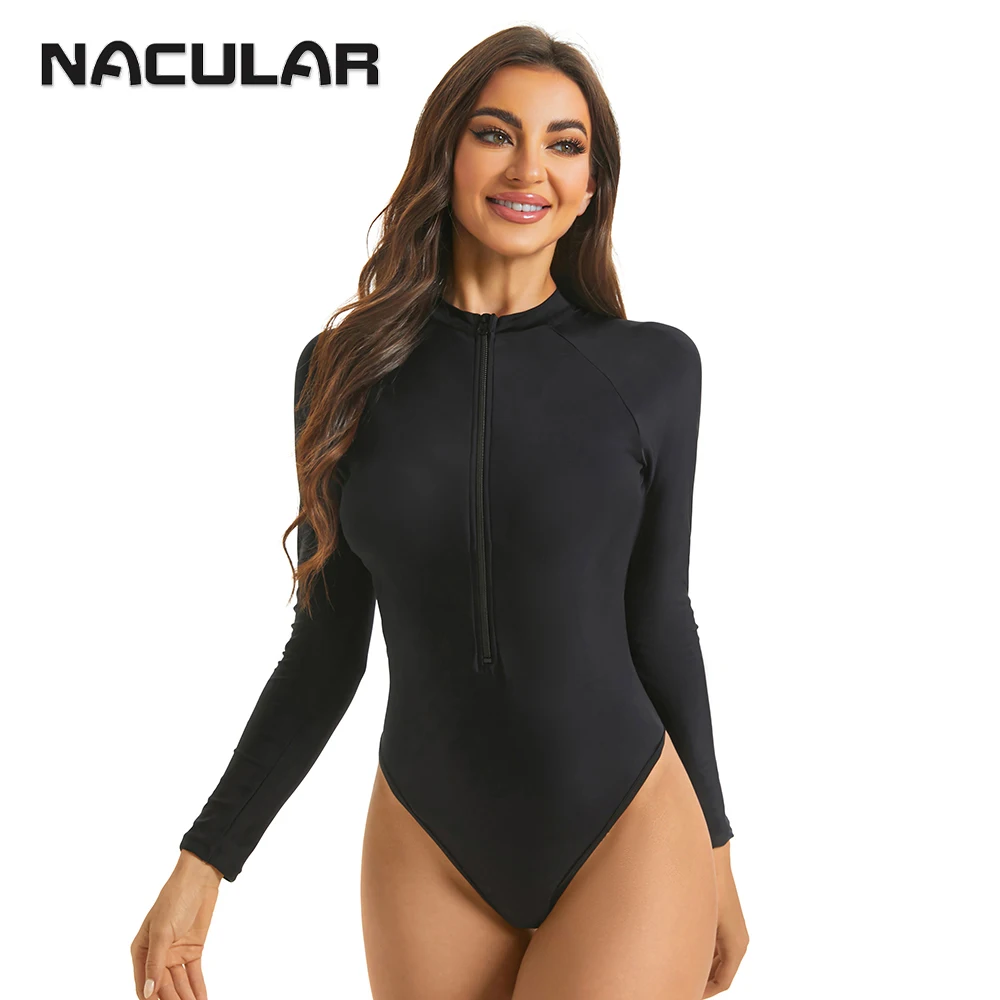 NACULAR Long Sleeve Swimsuit Women One Piece Backless Rash Guard Bathing Suit Swimwear Beachwear Zipper High Cut Black 2024 New