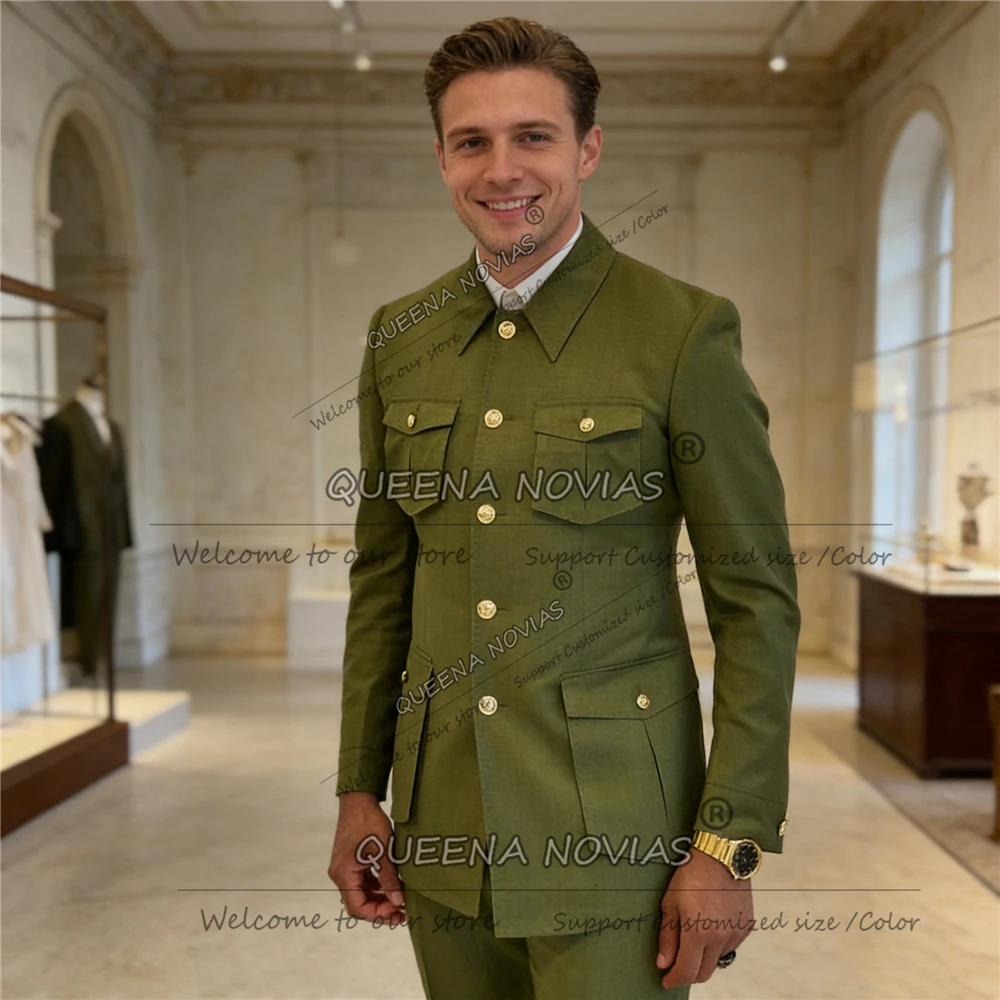 Elegant Solid Suits Men 2 Piece Sets Safari Style Jacket Pants Customized Formal Wear Man Outfits Groom Wedding Tuxeods Attires