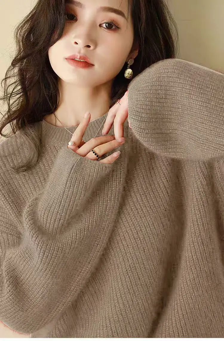 New Chic Women O-neck Wool Sweater Long Sleeve Pullover Spring Autumn Casual Loose Style 100% Merino Wool Knitwear Korean Tops