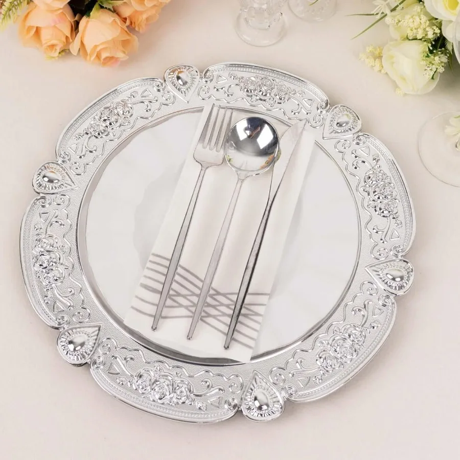 

6 упаковок серебряных акриловых зарядных тарелок с цветочным тиснением и зубчатым ободом для элегантного декора столовой и вечеринки, 13-дюймовый круглый пластик