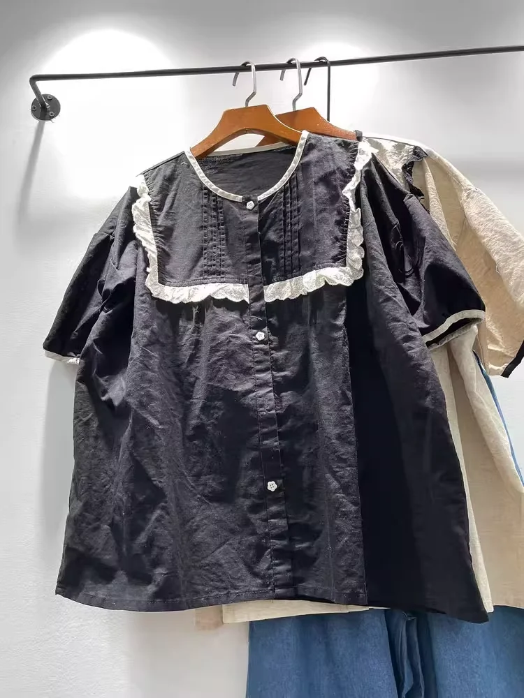 

Bust 132cm original plus size clothes 2025 cotton lace patchwork black short sleeve shirts and blouses for women summer tops