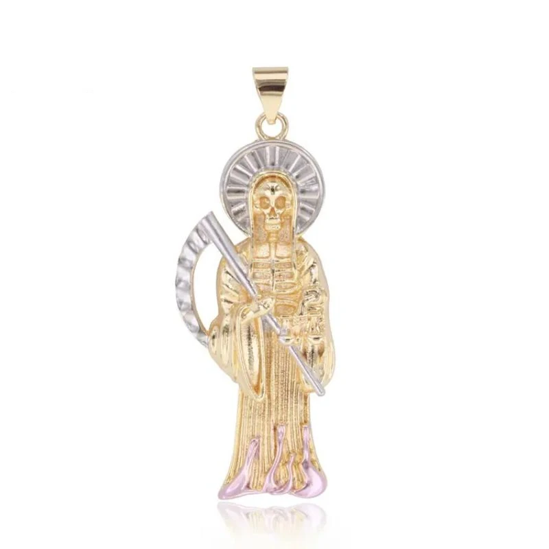 Ruixi Gold Plated Three Color Laminated Gold Santa Muerte Religious Medal Santisima Necklace Pendant Gift for Men and Women