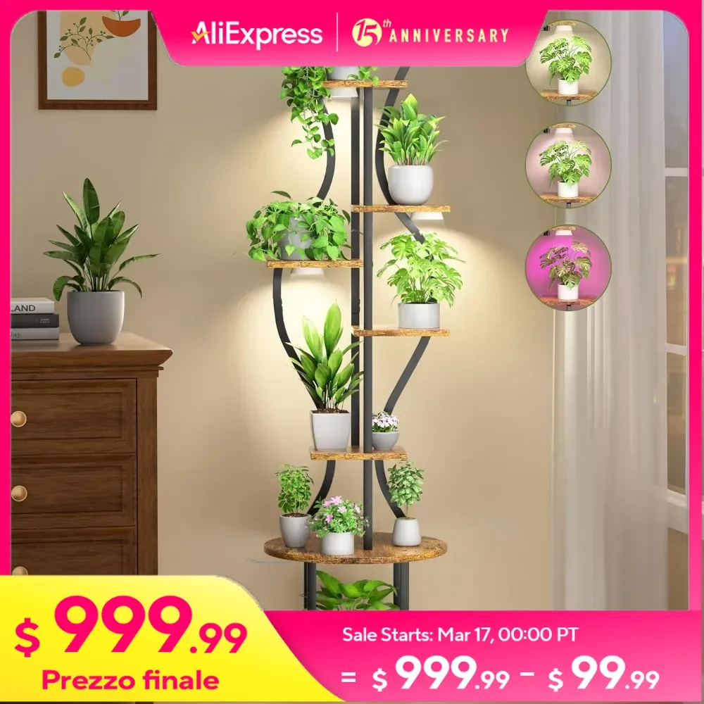 7 Tier Tall Plant Stand Indoor with Grow Lights, Vase Shape Plants Display Rack, 55″ Lighted Plants Shelves Corner Flower Holder