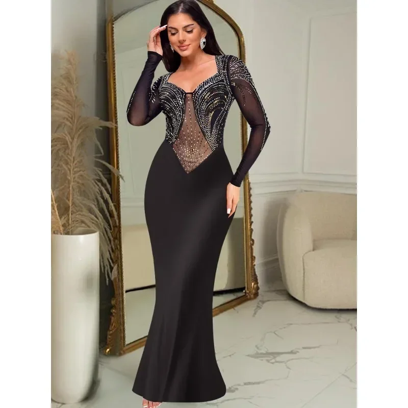 Women's Crystal Embellished Long Maxi Dress Glam Mesh Patchwork Sequins Party Dress Gown Birthday Outfits Sexy Clubwear