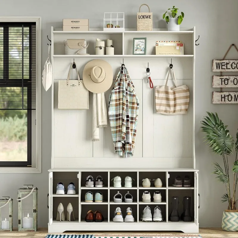 51.3'' Hall Tree, Off White Entryway Bench with Coat Rack, 10 Shoe Storage & 7 Coat Hooks & Adjustable Shelf