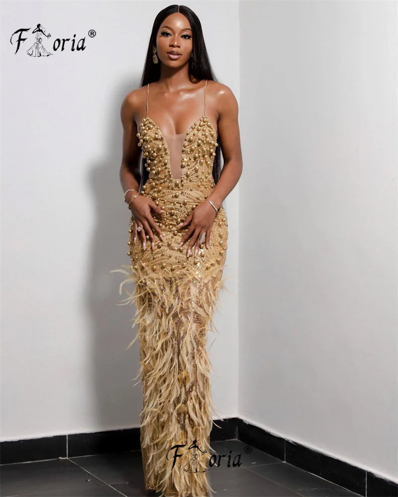 Elegant Full Pearls Beaded Mermaid Evening Dress Spaghetti Strap Floor Length Prom Dress Dubai Gold Feathers Party Robe Soiree