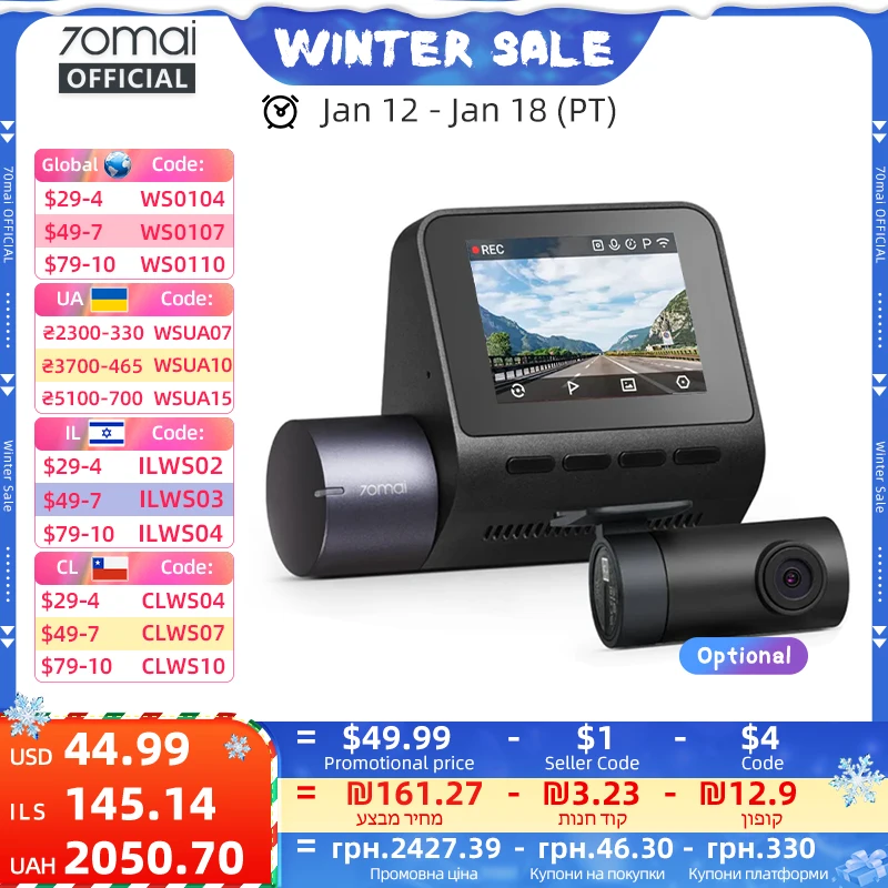 70mai Dash Cam A410 Front 1440P Rear 1080P Car DVR Upgraded Ver. of 70mai A400 Car Recorder 24H Parking Mode Support Max 256GB