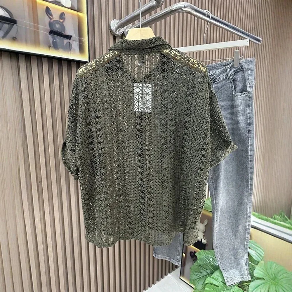 Men's Knitted Hollow Short-Sleeved Shirt American Retro Fashion Trend Simple Loose Breathable Vacation Summer New Men's Tops