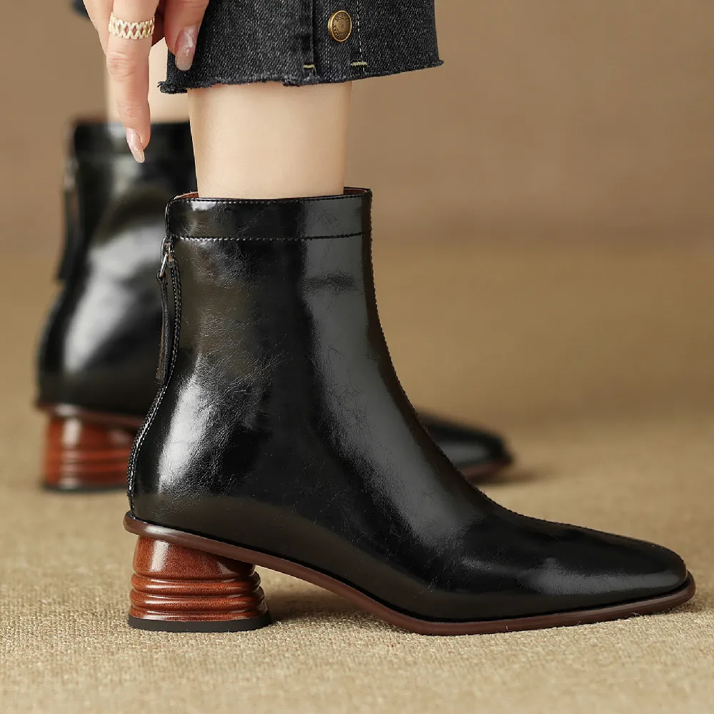 

Big size 34-42 women's genuine leather square toe 4cm thick low heel autumn ankle boots back zip casual female short boots shoes