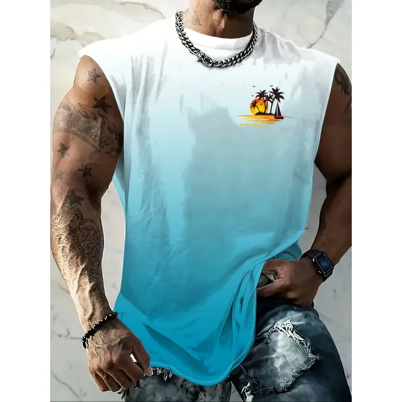 

Coconut Tree Gradient Pattern Tank Tops For Men Colorful Cross 3D Printed Tees Summer Loose Sports Round Neck Vest Street Tops