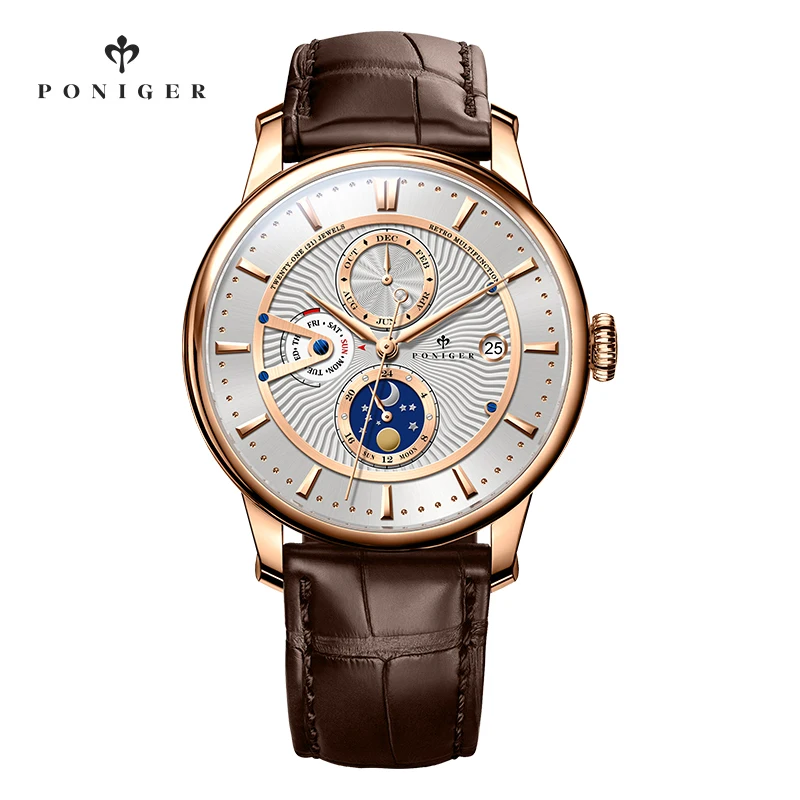 

PONIGER Classic Multi-function Men Wrist Watch 42mm 24H Date Week Month Display Automatic Watches