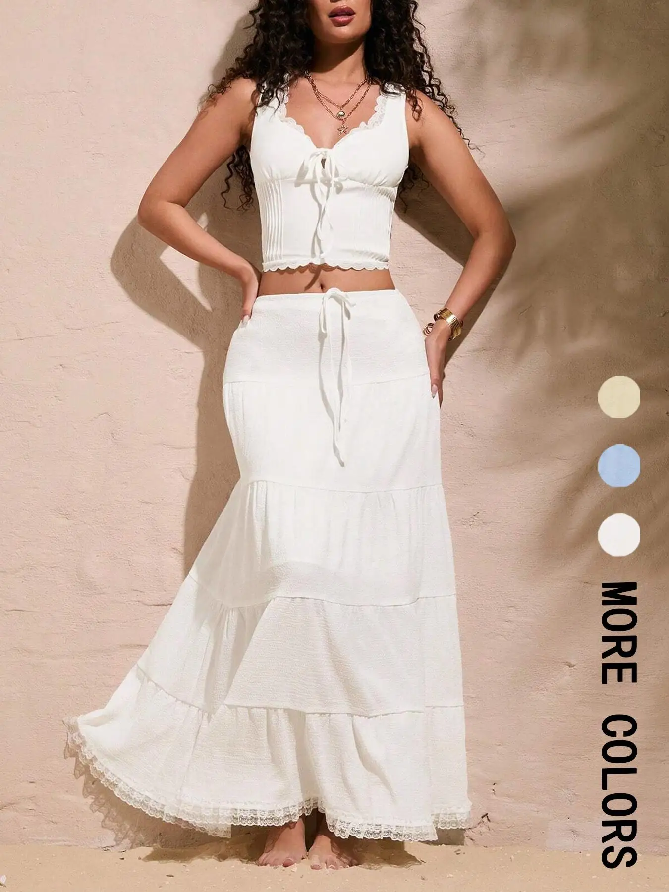 Color Block Lace Tank Top And Long Skirt Set Casual Necktie Sleeveless Top for Women Cute Outfit Suitable for Various Occasions