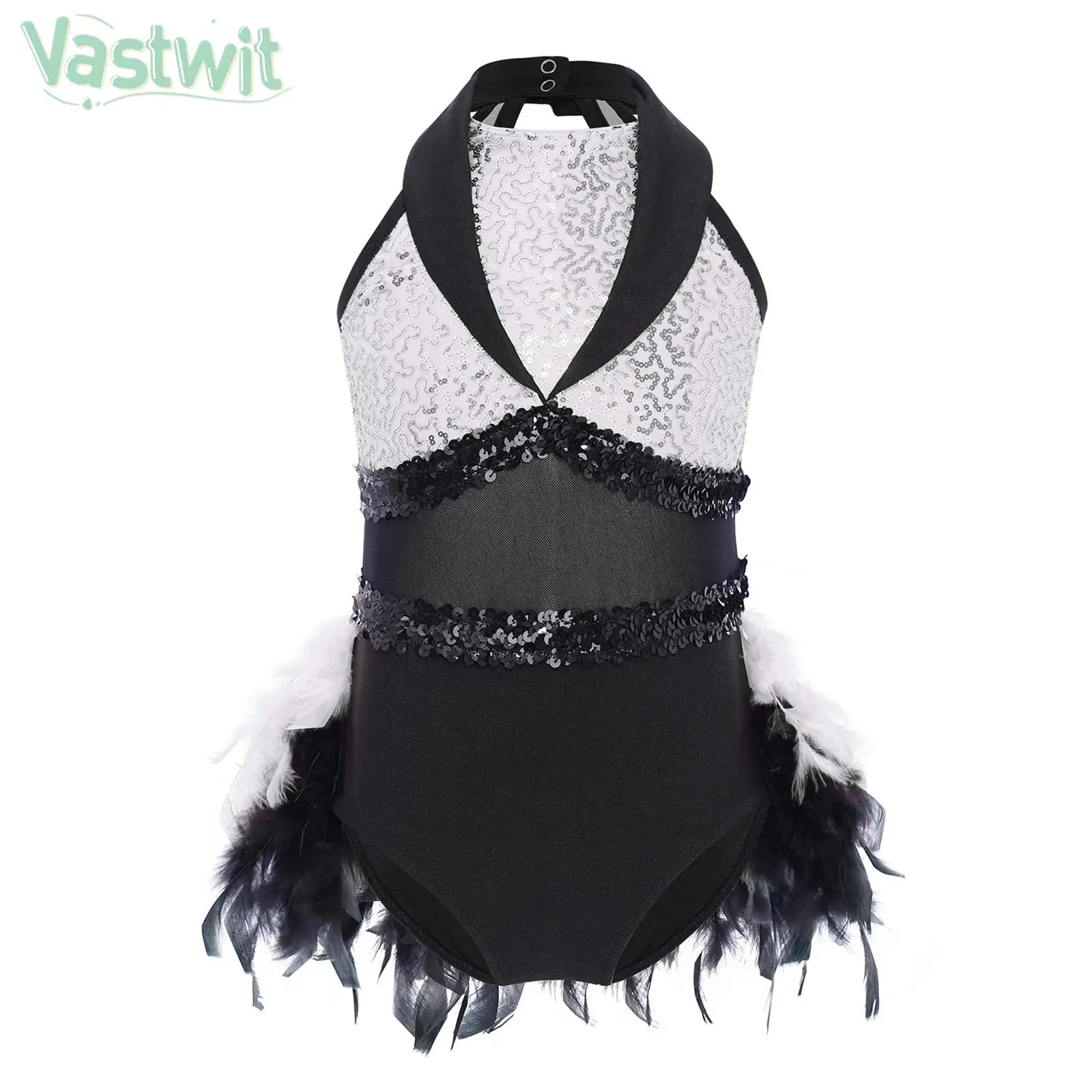 Teen Girls Sleeveless Sequin Sheer Mesh Feather Latin Jazz Dance Cha-cha Leotard Dress Ballet Tutu Samba Rumba Tango Dancewear