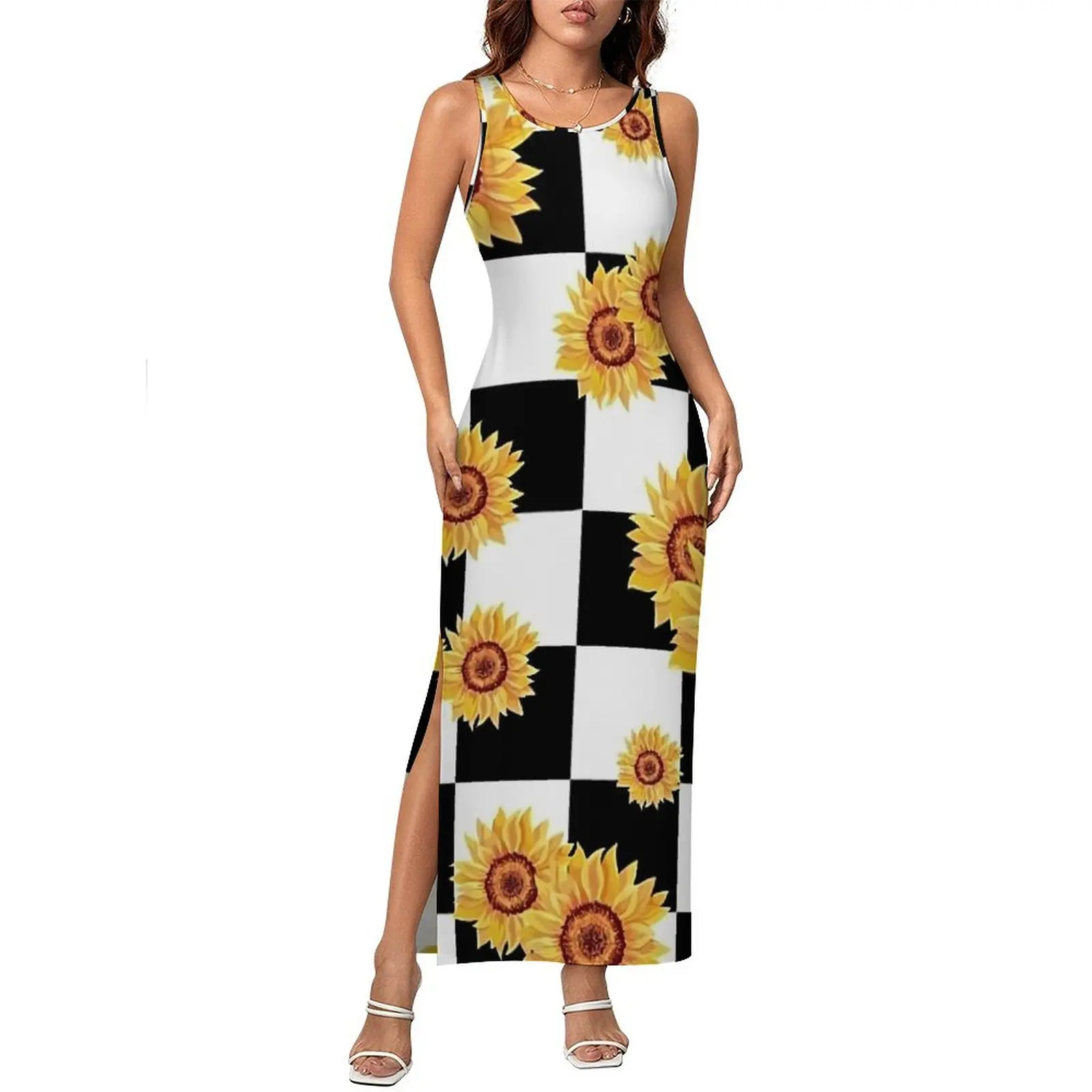 Women Bodycon Dress Vintage Sunflower Maxi Dresses Holiday Checkerboard Print Sleeveless Street Wear Print Dress Large Size 4XL