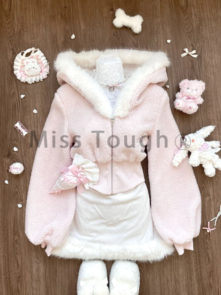 Winter Japanese Fashion Sweet Two Piece Sets Women Lamb Wool Hooded Coat + Cute Mini Dress New Design Chic Harajuku Kawaii Suits