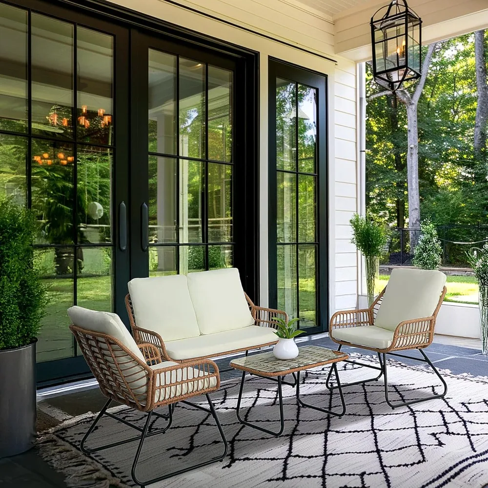 مجموعة أثاث الفناء الخارجي مكونة من 4 قطع، مجموعة محادثة للفناء، مجموعات بيسترو من الخيزران مع كراسي بمقعدين و