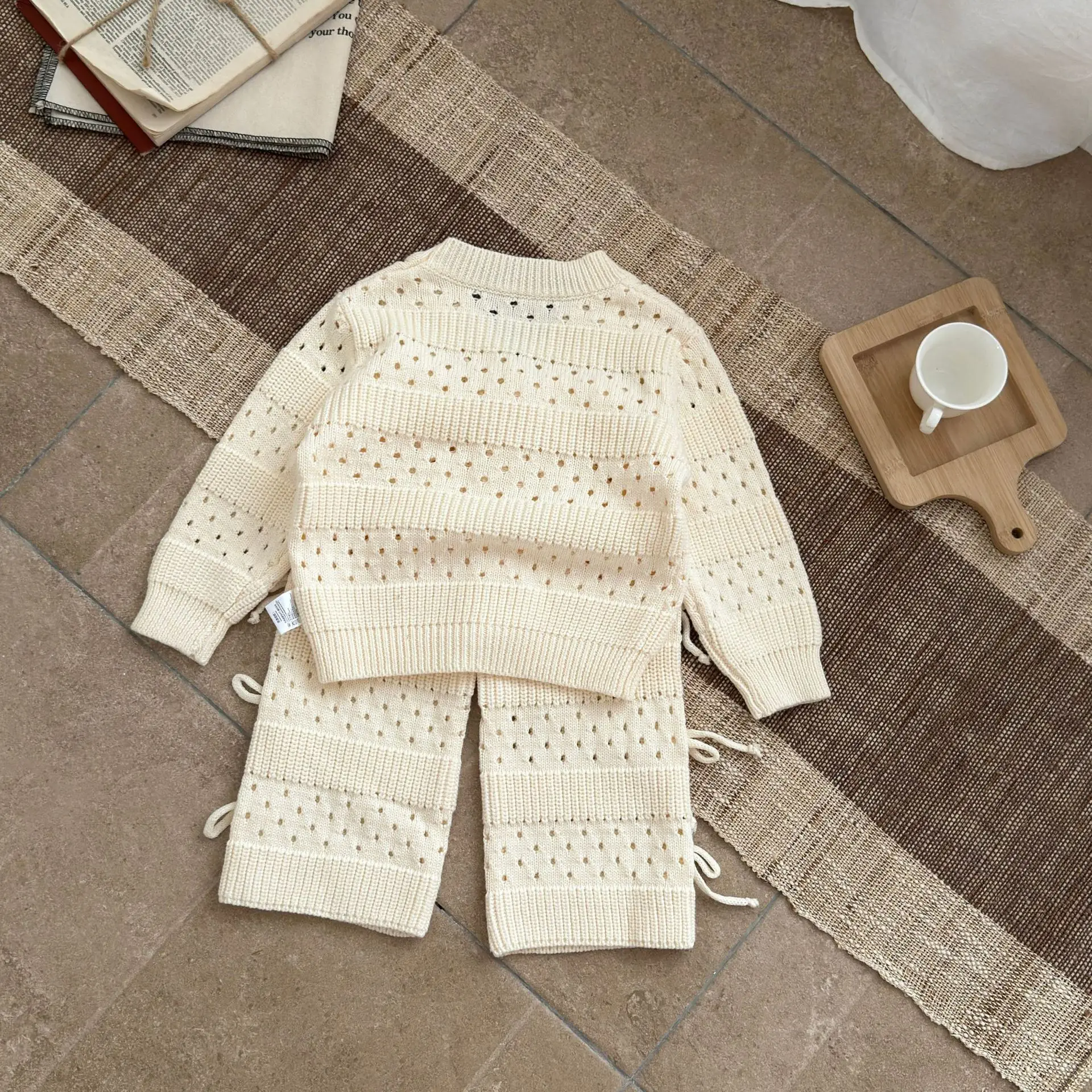 Design-Inspired Bow-Pick Knit Sweater Set For Baby Girls, Autumn/Winter New Collection Sweet Knitted Cardigan Top + Pants