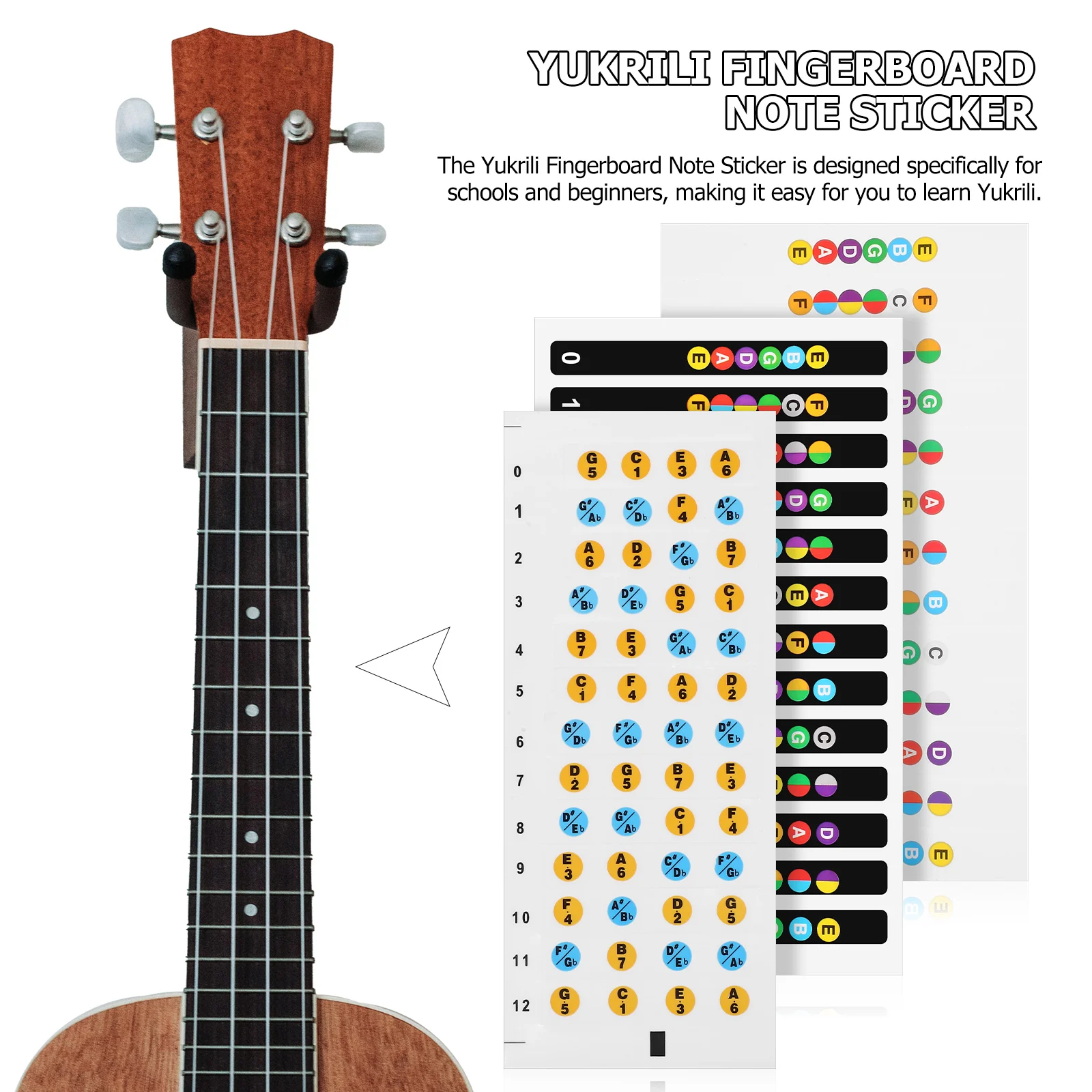 

3pcs Ukulele Note Stickers Scale Fretboard Guitar Fretboard Stickers Decals Learning Accessories Bright Color Coding