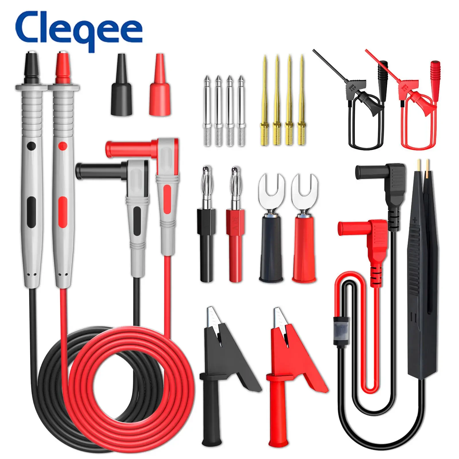 Cleqee P1503E 21 szt. Zestawy przewodów pomiarowych do multimetru z wymiennymi sondami igłowymi zacisk krokodylkowy 4mm wtyk bananowy kabel PVC 1000V