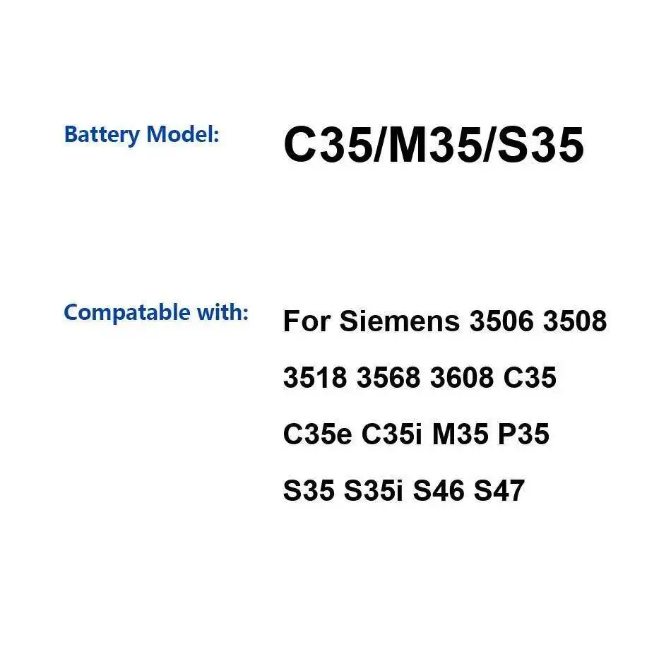 

Высокая производительность 1300 мАч для Siemens 3506 3508 3518 3568 3608 C35 C35e C35i M35 P35 S35 S35i S46 S47 Аккумулятор для мобильного телефона