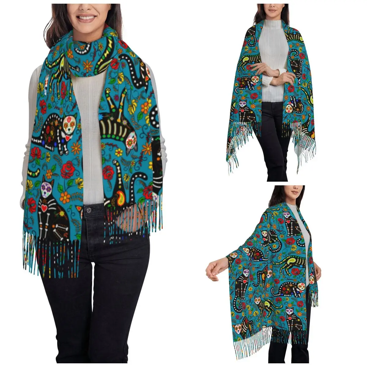 Women's Scarf with Tassel Mexico Day Of The Dead Calavera Cats Shawl Wrap Sugar Skull Dia De Los Muertos Gifts Cashmere Scarf