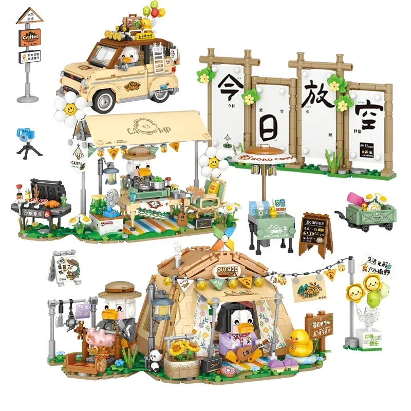 Miniatur-Bausteine für Campingszenen, kreativer DIY-Grillständer, Campingzelt, Kaffeewagen, Spielzeug, Puzzle, Geburtstagsgeschenk
