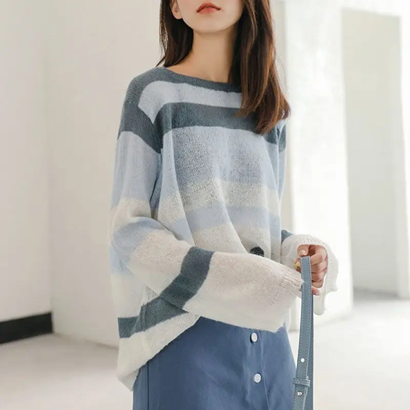 Korean 2024 Women\'s Summer New Patchwork Pullover O-Neck Hollow Contrast Color Fashion Casual Knitted Loose Long Sleeved Tops