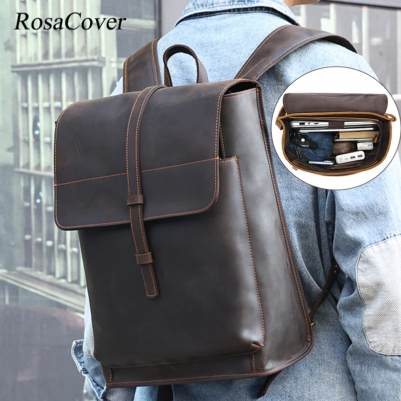 Genuine Leather Men Backpack Vintage Shoulder Bag for Man Large Capacity Travel Backpacks for 15'' Laptop Bags SchoolBag Mochila