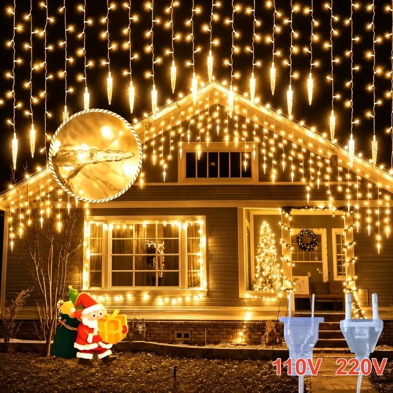 220V EU 110V US Plug Icicle Cone String Lights 3.1M Warm White Multicolor Christmas Eaves Outdoor Holiday Decor Lamp