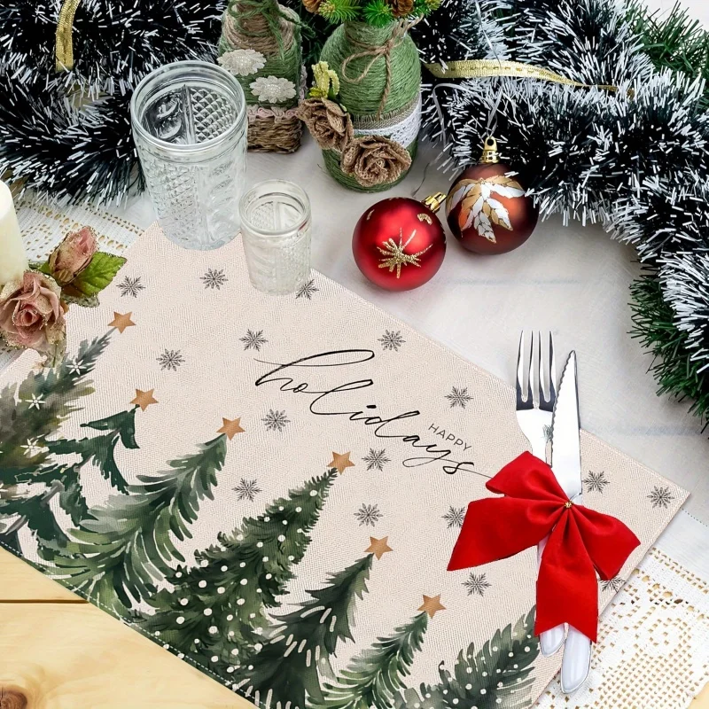 Happy Holidays Christmas Tree Placemats, Snowflake Star Printed Linen Table Mats, Xmas Season Table Home Decor