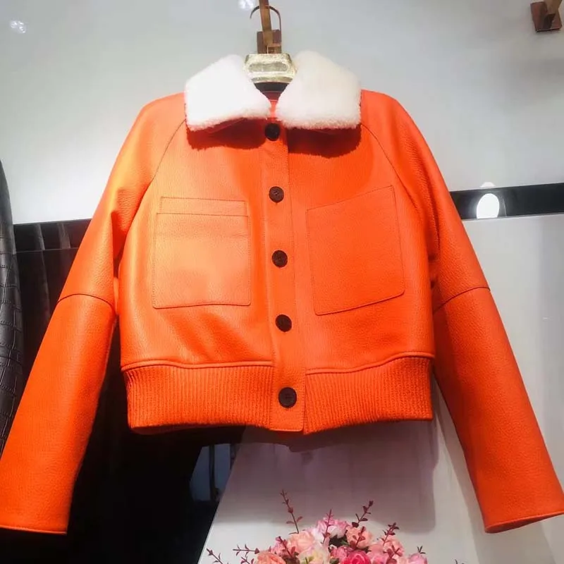 Abrigo de mujer invierno y otoño nueva llegada el forro está forrado con algodón chaqueta de piel de oveja auténtica cuello de lana grueso cálido