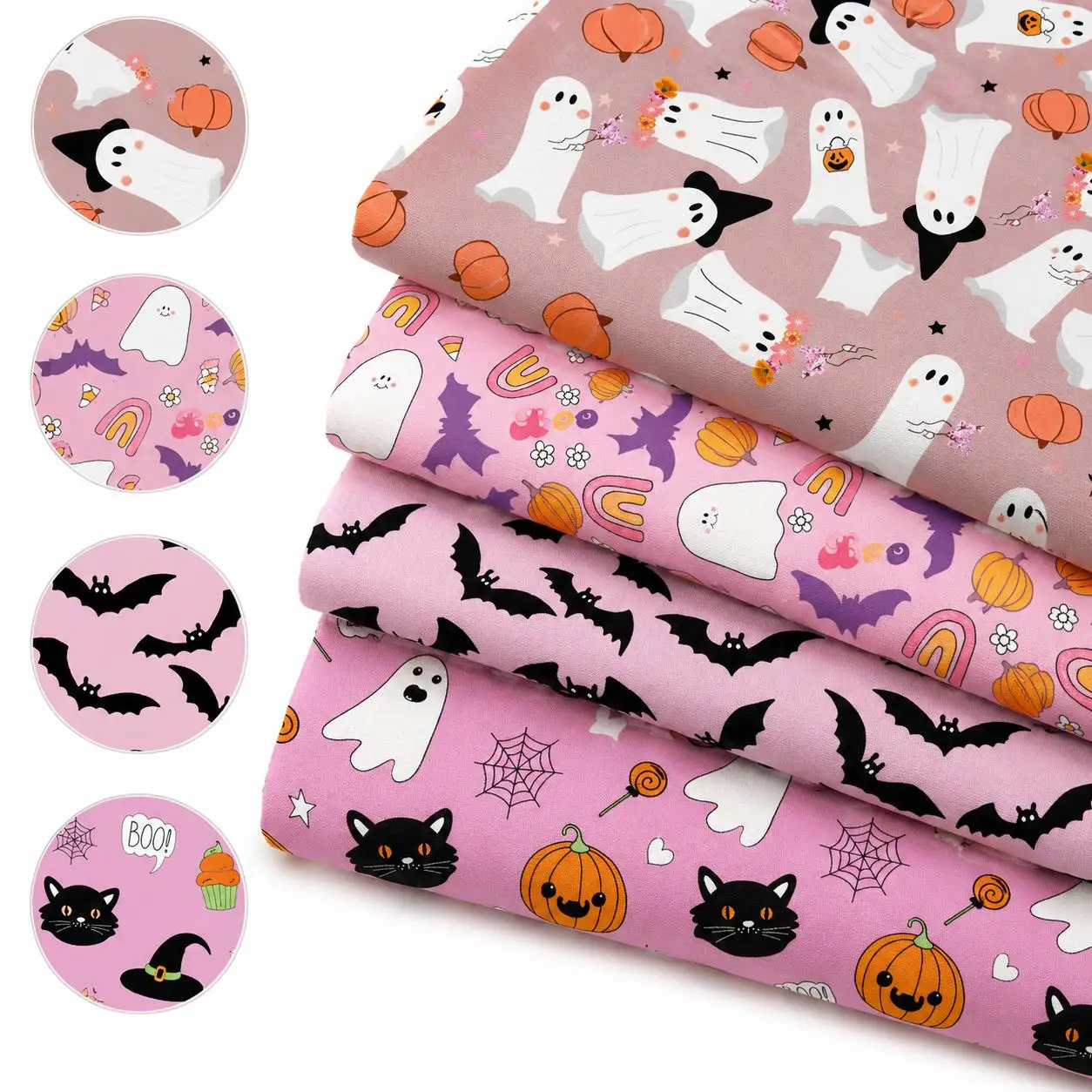 Pre-cut 4pcs 20X20cm Ghost Pumpkin Halloween Themed Pink Series Polyester Fabric Set, Precut Quilting Squares, Hand Wash Only
