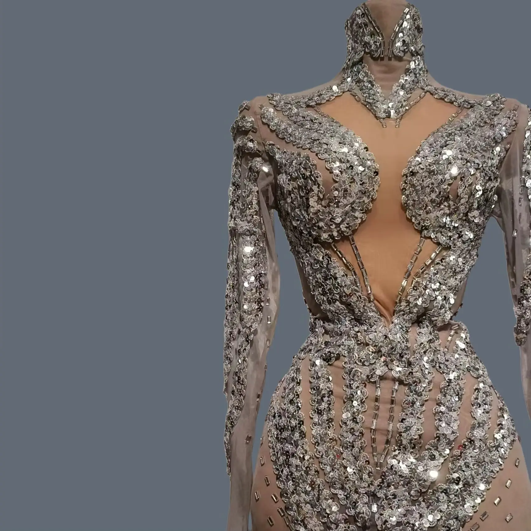 

Sexy Women Club Show Silver Sequins Mesh Mini Dresses Bandage Dress gig Night Party Outfit Drag Queen Performer Wear Feixiang