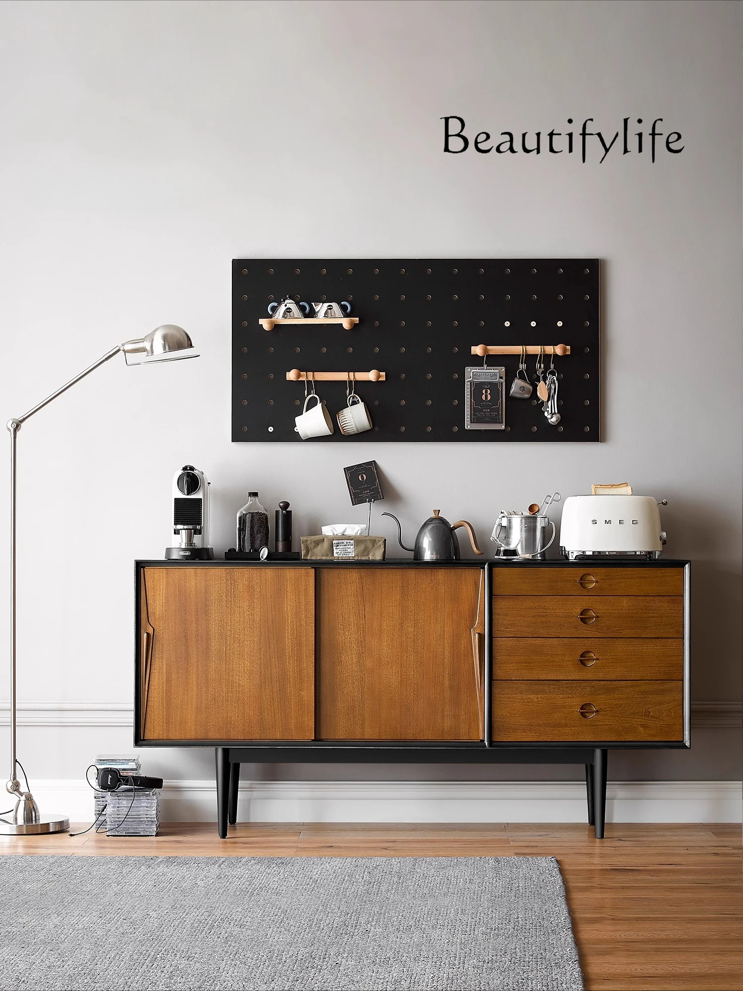 

Ancient dining side cabinet black retro solid wood Nordic chest cabinet medieval storage porch walnut color