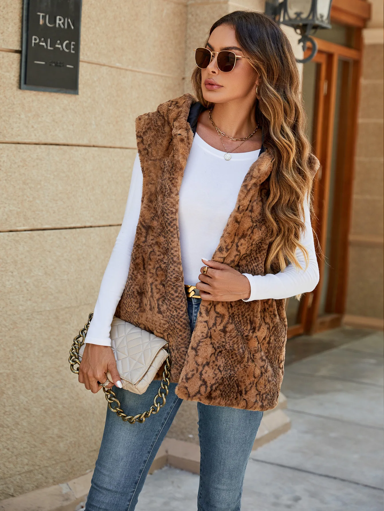 

2025 Autumn Winter Hooded Thick Vest Coat Woman Sleeveless Plush Warm Waistcoat Lady Print Warm Fluffy Vest Jacket