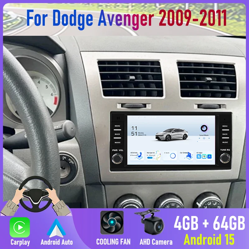 7'' For Dodge Avenger 2009-2011 2DIN Android 15 Car Radio Head Unit Carplay with GPS Navigation Bluetooth FM Rear Camera