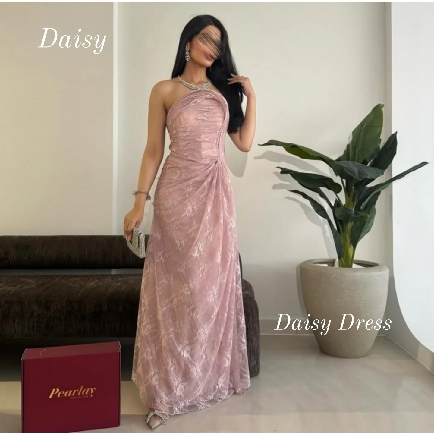 

Strapless Prom Dresses Saudi Arabia Women's Sleeveless Evening Dress Pink Lace Formal Request Party Wedding Dress Customized