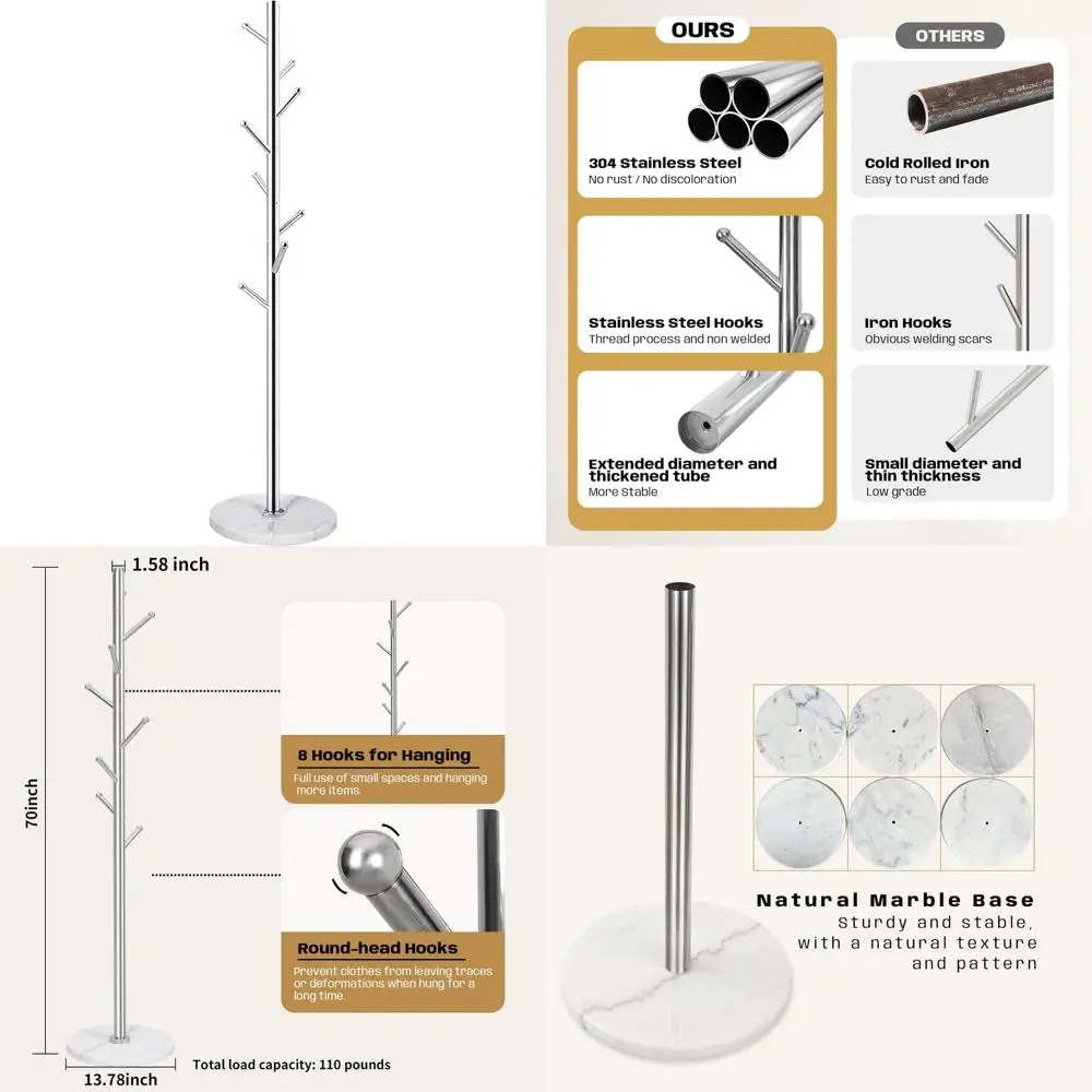 

Free-Standing Marble Base Coat Rack with 8 Hooks, Hat and Coat Hanger for Home and Office, 100% Natural Marble Base