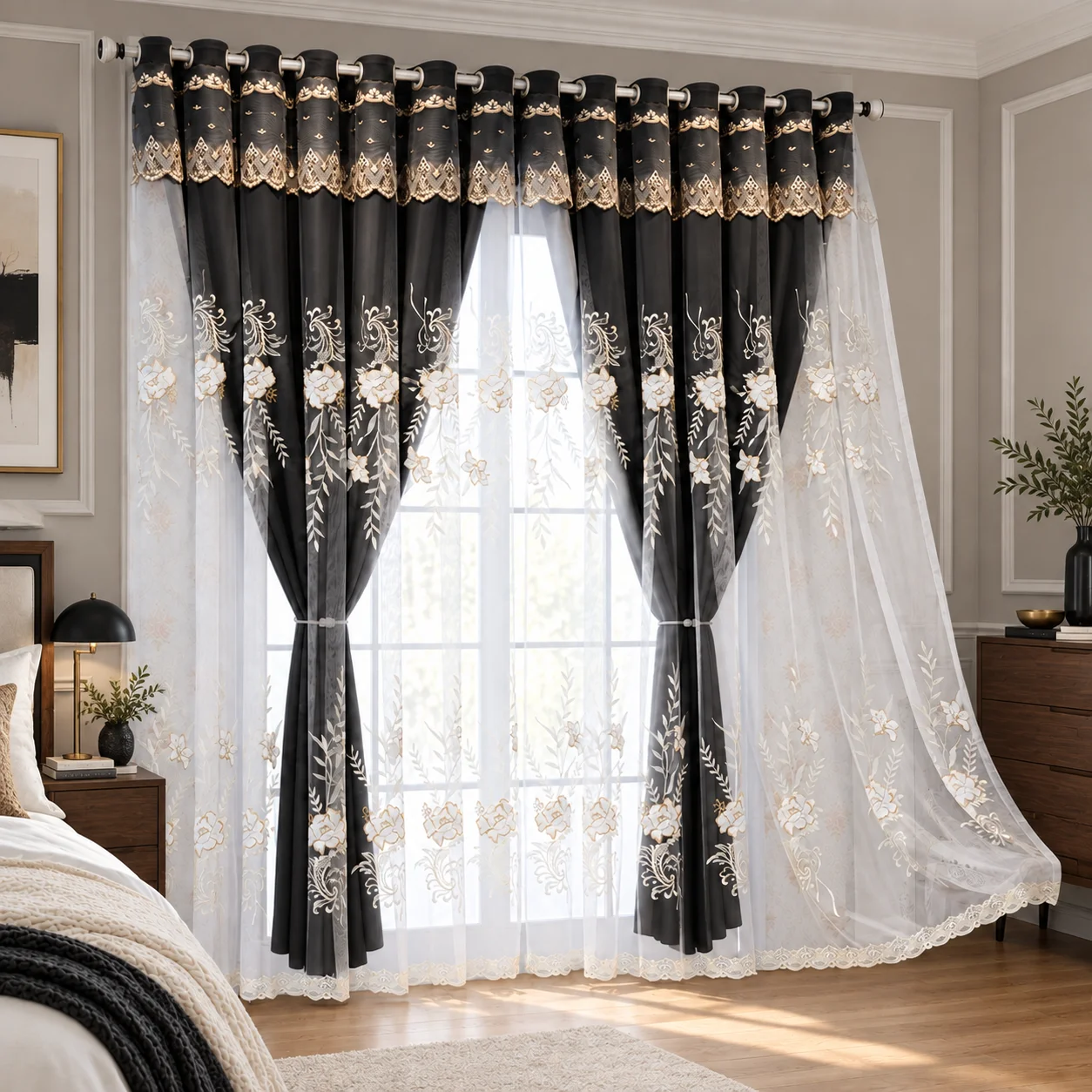 Black Embroidered Curtains 90% Light Blocking for Bedroom Living Room, 2 Panels