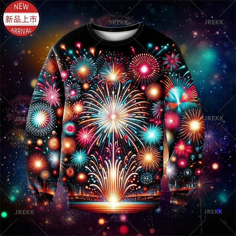 Harajuku 2025 Happy New Year 3D Printed Sweatshirts Colorful Firework Graphic Round Neck Sweatshirts Fashion Streetwear Clothing