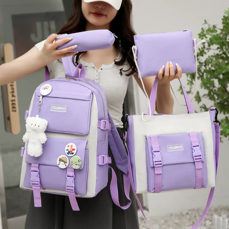 Backpack Four-piece Set for Middle School and High School Students Schoolbag Set Bag Teen Girls Schoolbag Tuition Bag Mochila