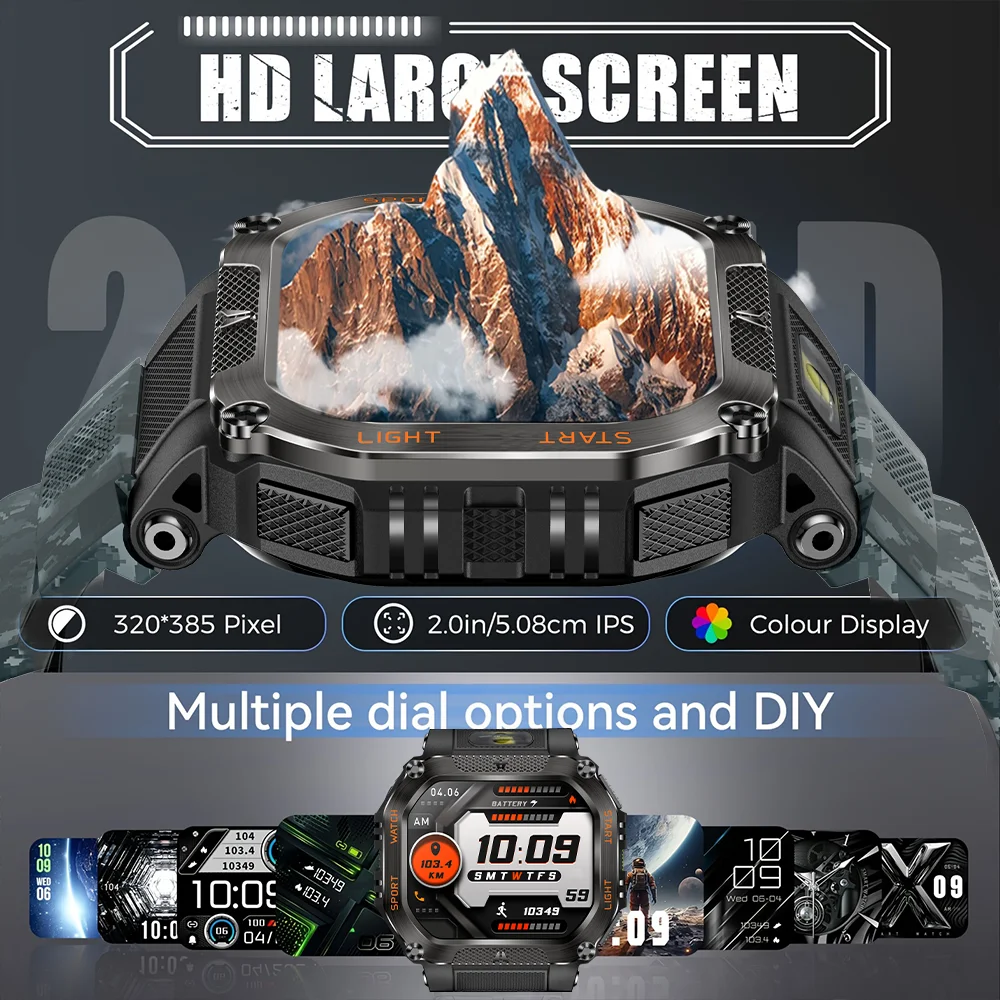 العسكرية في الهواء الطلق ساعة ذكية الرجال 3ATM مقاوم للماء البوصلة معدل ضربات القلب سوار لياقة بدنية 480 mAh مكالمة صوتية الرياضة Smartwatch 2025