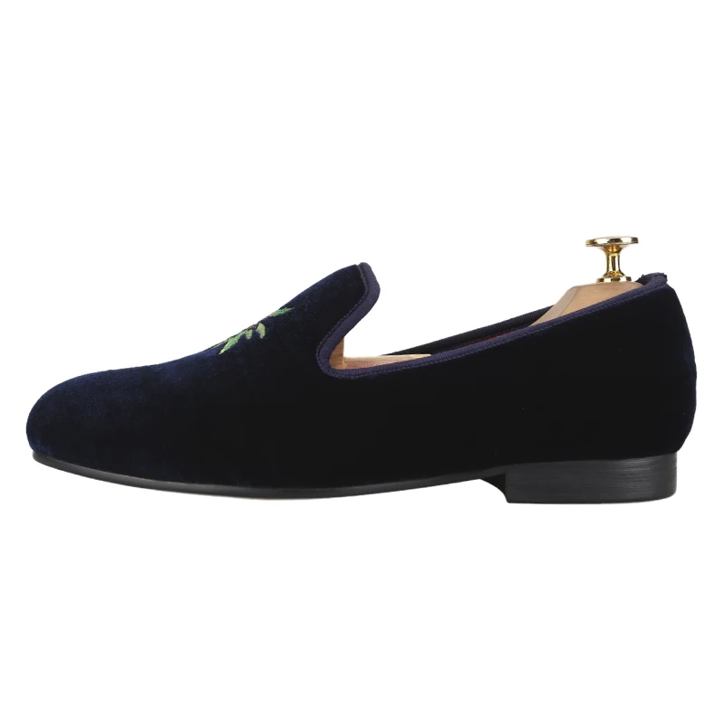 Piergitar Navy Color Velvet Of Coconut Trees Embroidery Men's Moccasin For Party And Banquet Wear British Style Handmade Loafers