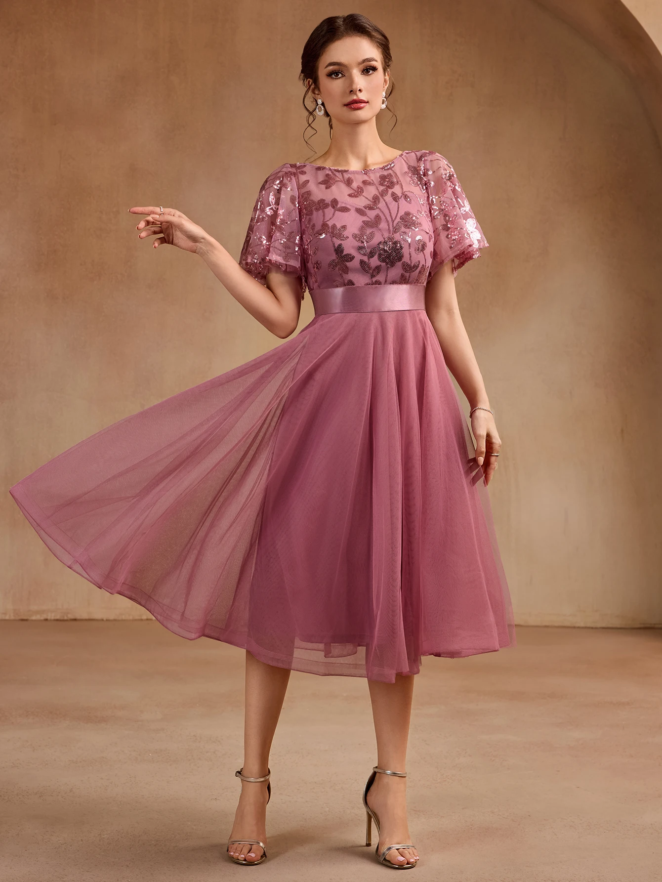 2025 جديد قصير الأكمام س الرقبة ثوب مسائي الدانتيل التطريز فستان خادمات الزفاف ألف خط الكرة ثوب حفلة عيد ميلاد فستان #4